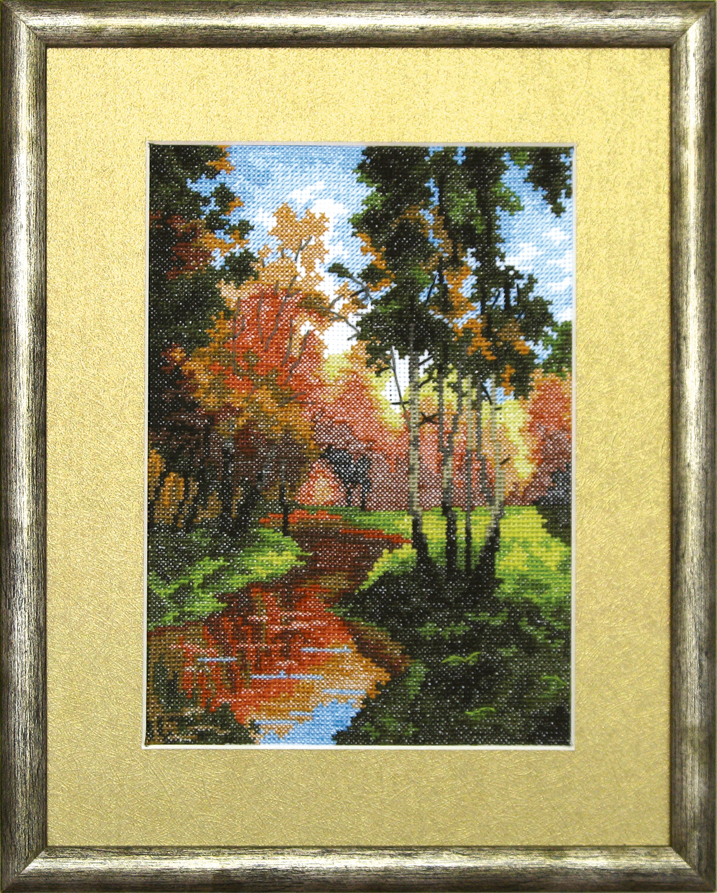 Cross-stitch kit No515C featuring autumn-themed design with threads, Aida fabric, and needle.