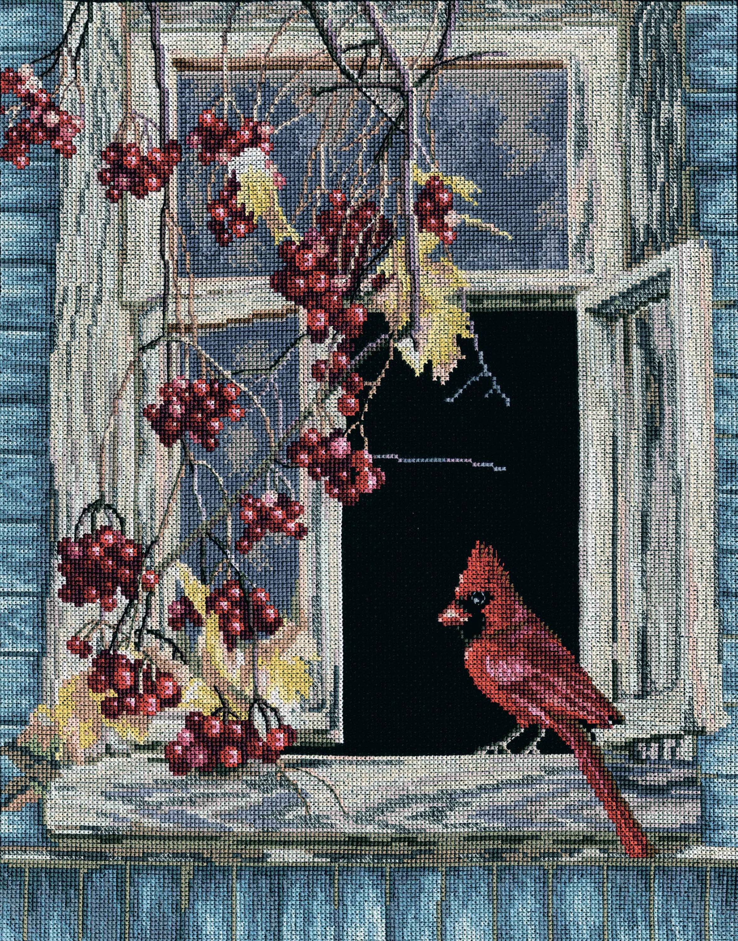 Cross-Stitch Kit 'Old Window' M454 featuring black Aida 14 canvas, DMC threads in 43 colors, and included needle and instructions.