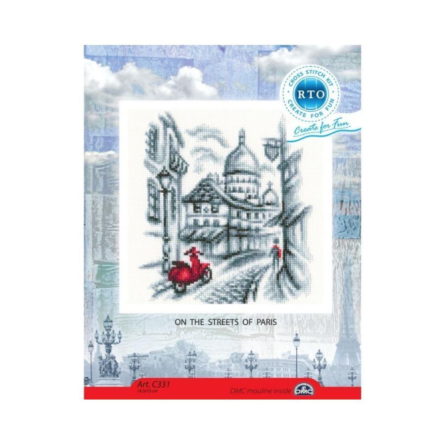 Cross-stitch kit featuring a Parisian street scene with Aida fabric, DMC threads, and all necessary tools for crafting.