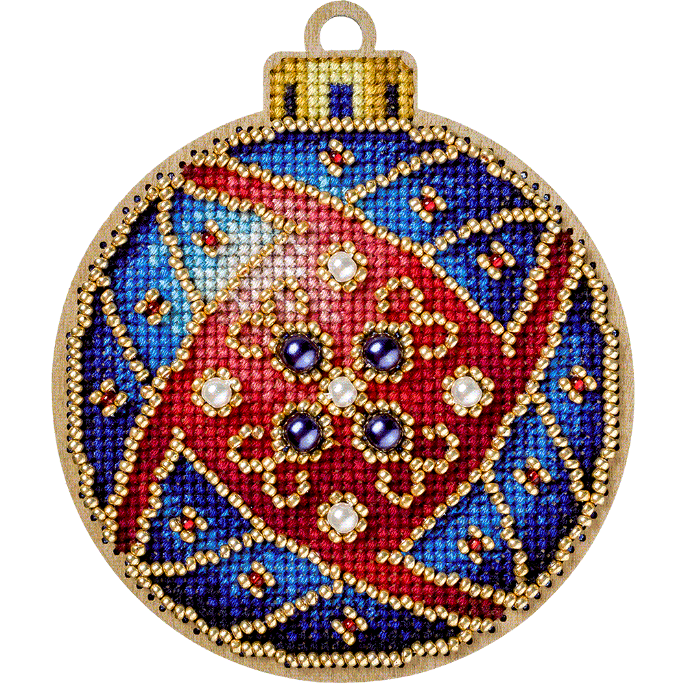 Cross-stitch kit on wood FLW-010 featuring a plywood blank, colorful threads, beads, and crafting tools for creating Christmas tree decorations.