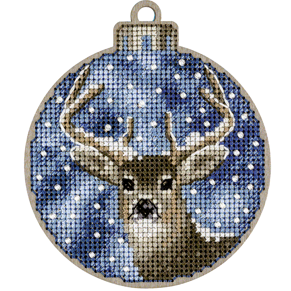 Cross-stitch kit on wood FLW-017 featuring colorful threads, beads, and a wooden blank for creating Christmas tree decorations.