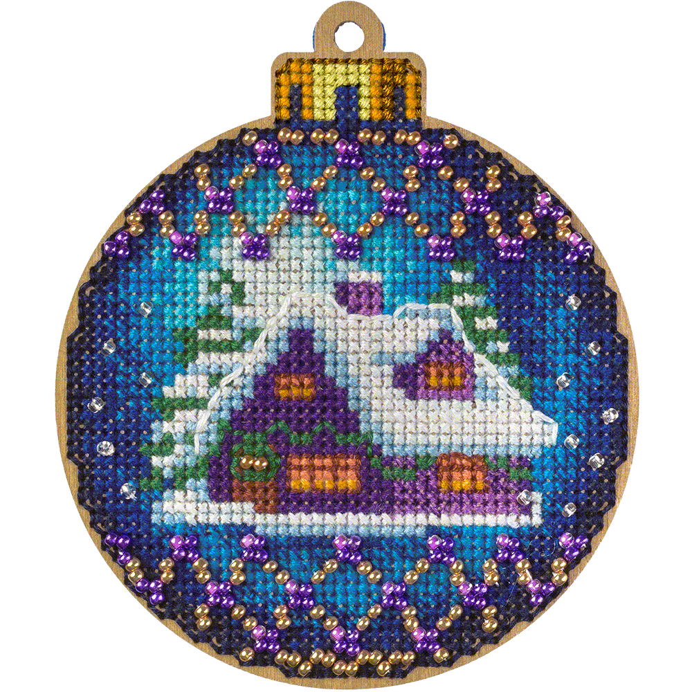 Cross-stitch kit on wood FLW-019 featuring a plywood blank, colorful threads, beads, and embroidery tools for creating Christmas tree decorations.