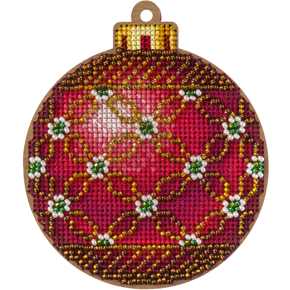 Cross-stitch kit on wood FLW-021 featuring a plywood blank, colorful threads, beads, and crafting tools for Christmas decorations.