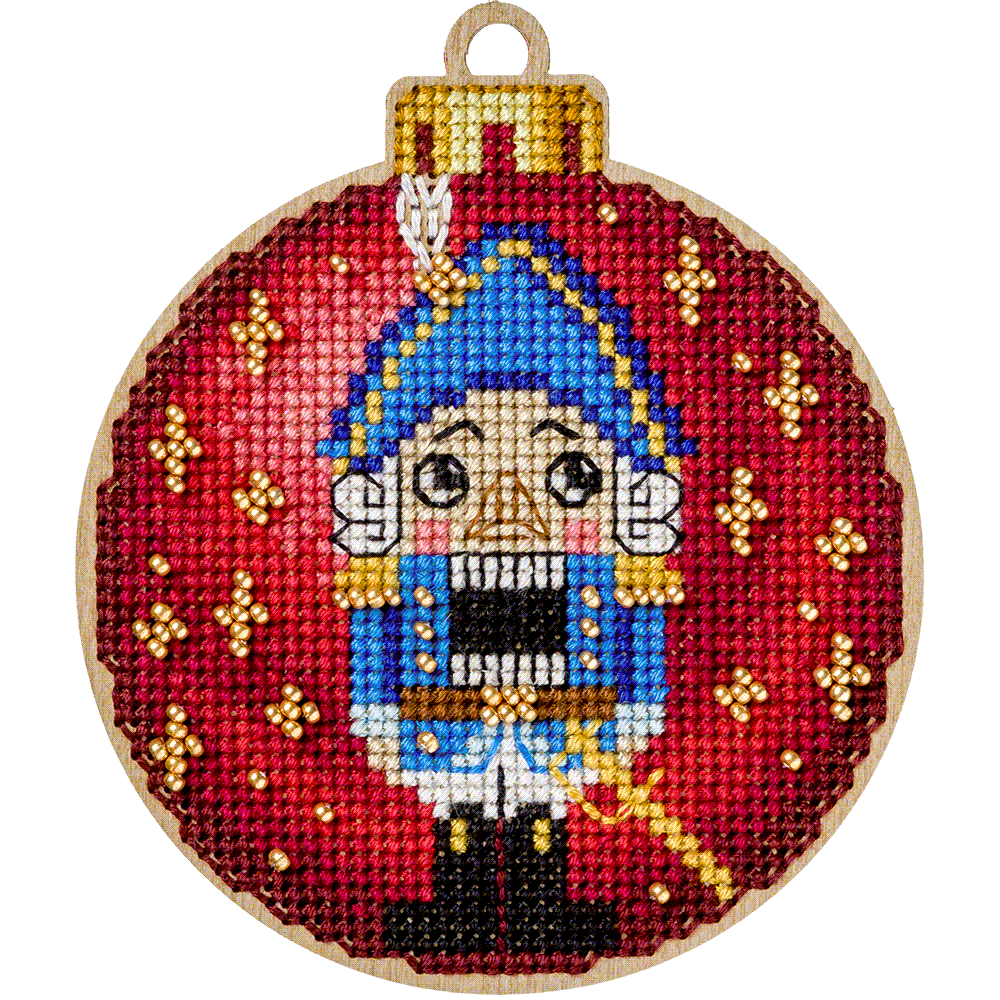 Cross-stitch kit on wood FLW-004 featuring colorful threads, beads, and a plywood blank for creating Christmas tree decorations.