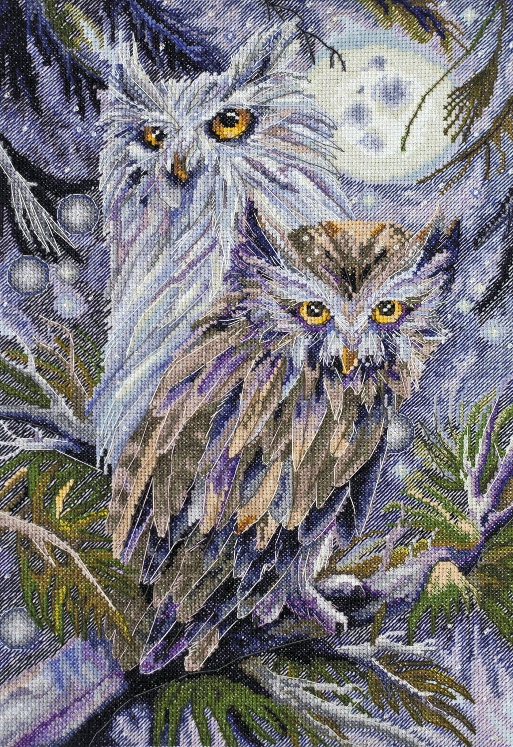 Cross-stitch kit Owls AH-032 featuring 100% cotton canvas, colorful floss, and symbol scheme for easy stitching.