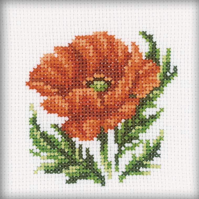 Cross-Stitch Kit 'Poppy' H167 featuring Aida 14 canvas, cotton threads, and a detailed chart for stitching.