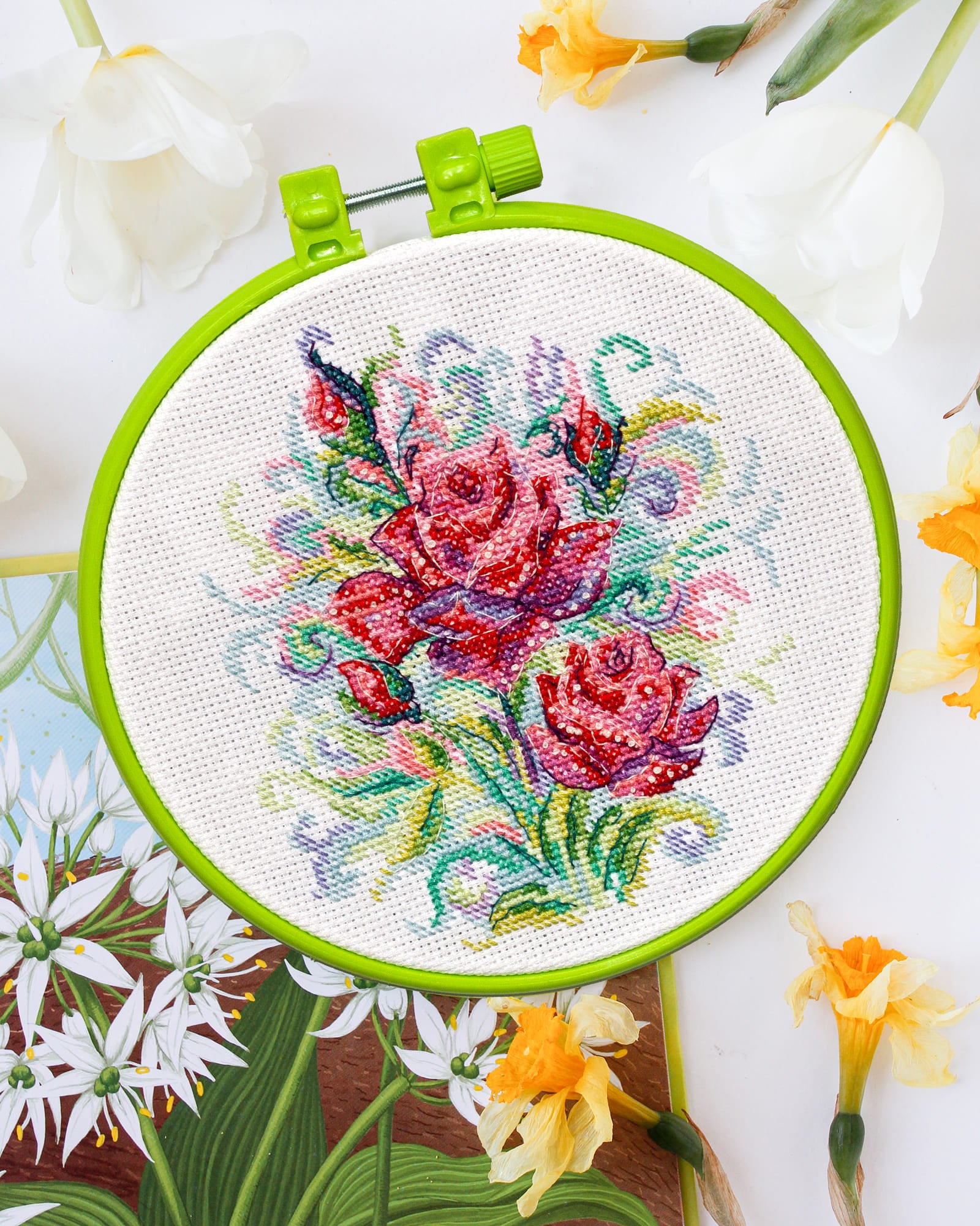 Cross-stitch kit Spring roses AHM-057 featuring cotton canvas, colorful floss, and needles for crafting.