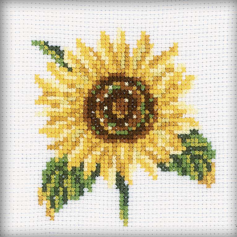 Cross-Stitch Kit 'Sunflower' H170 featuring Aida canvas, DMC threads, and sunflower design.