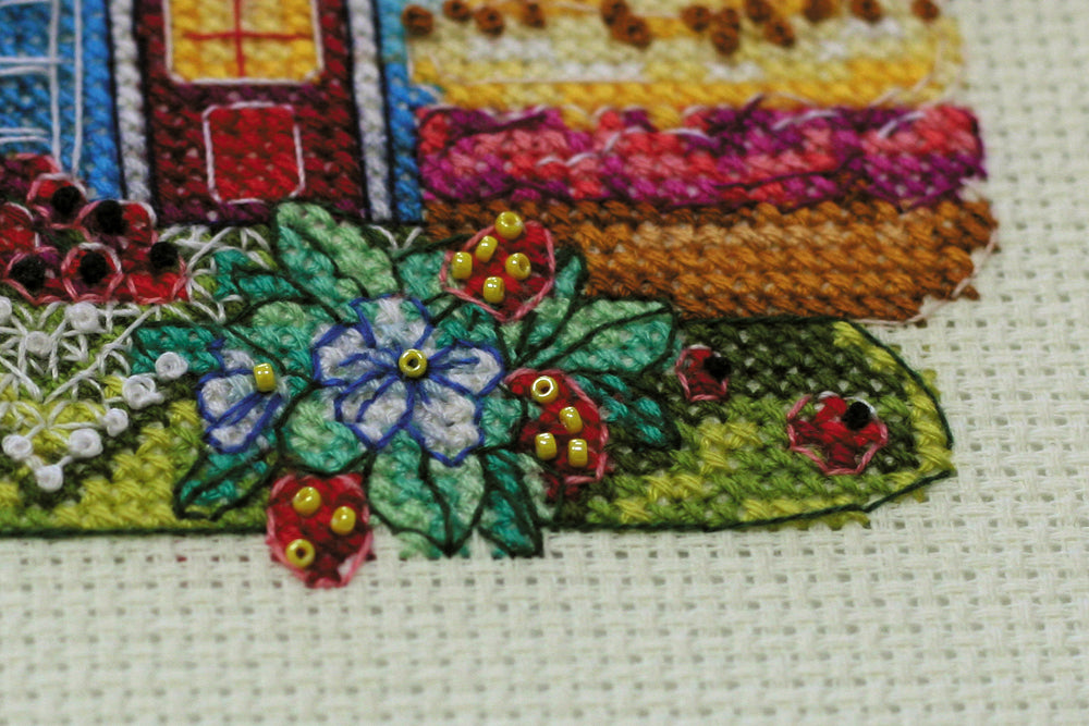 Sweet Morning Cross-stitch Kit AH-146 with cotton canvas, colorful floss, and beads.