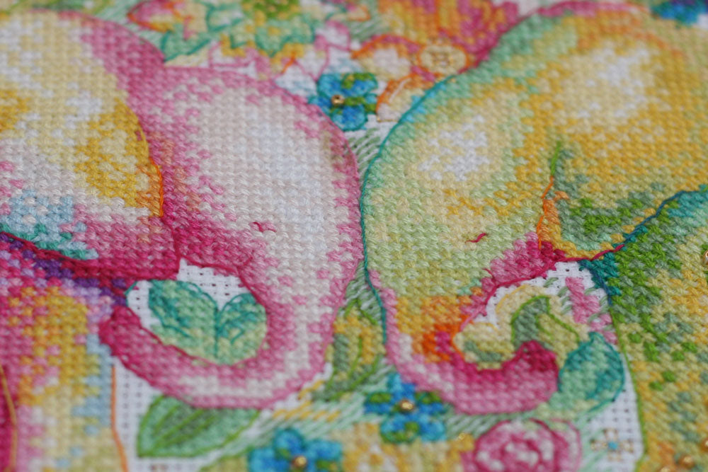 Tender Feelings cross-stitch kit AH-102 featuring cotton canvas, colorful floss, and decorative beads.