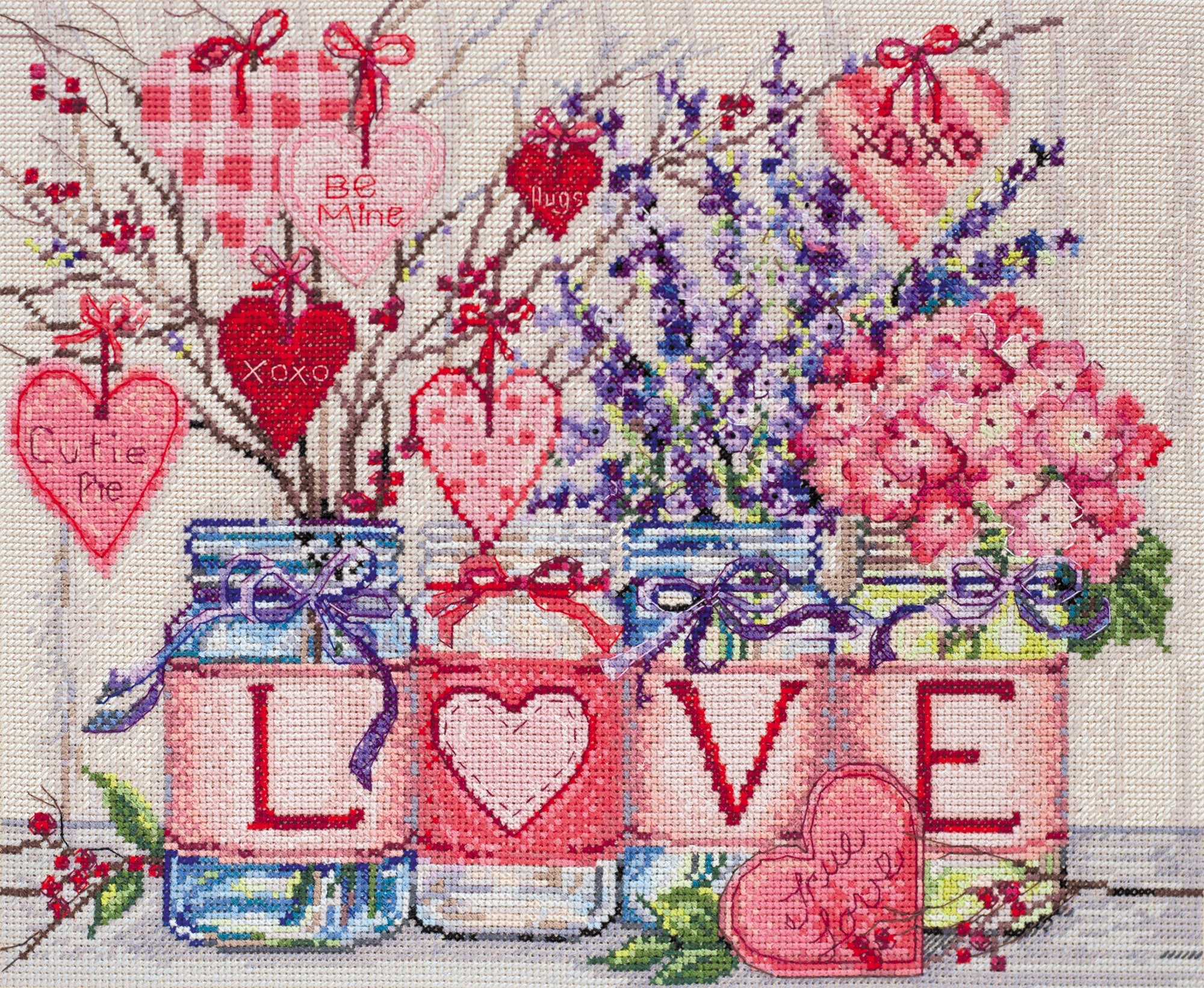 Cross-stitch kit With tender and love AH-053 featuring cotton canvas, colorful floss, and instructions in multiple languages.