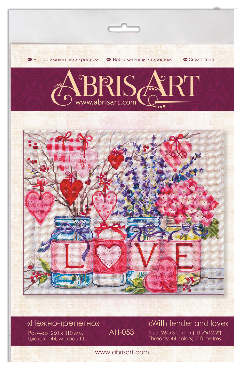 Cross-stitch kit With tender and love AH-053 featuring cotton canvas, colorful floss, and instructions in multiple languages.