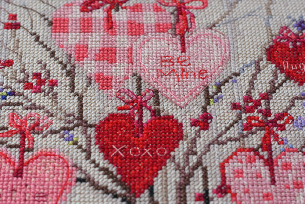 Cross-stitch kit With tender and love AH-053 featuring cotton canvas, colorful floss, and instructions in multiple languages.