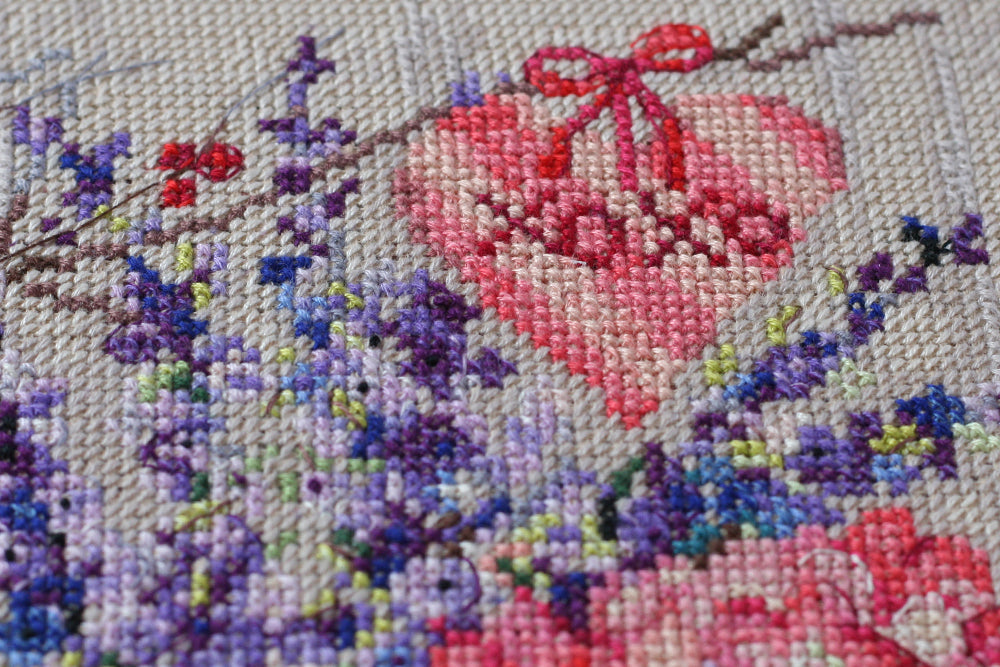 Cross-stitch kit With tender and love AH-053 featuring cotton canvas, colorful floss, and instructions in multiple languages.