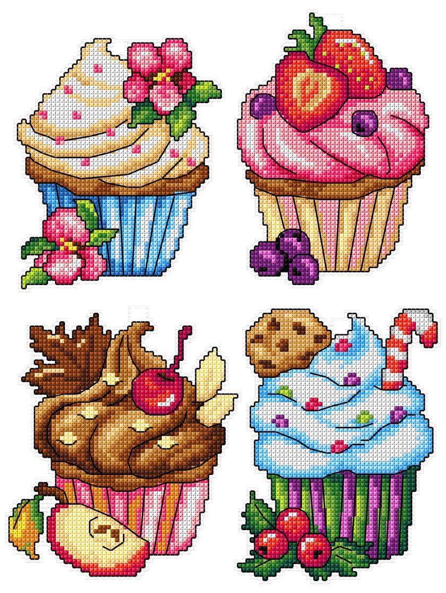 Cupcakes 105CS Counted Cross-Stitch Kit featuring colorful threads, plastic canvas, and instructions for crafting cupcake designs.