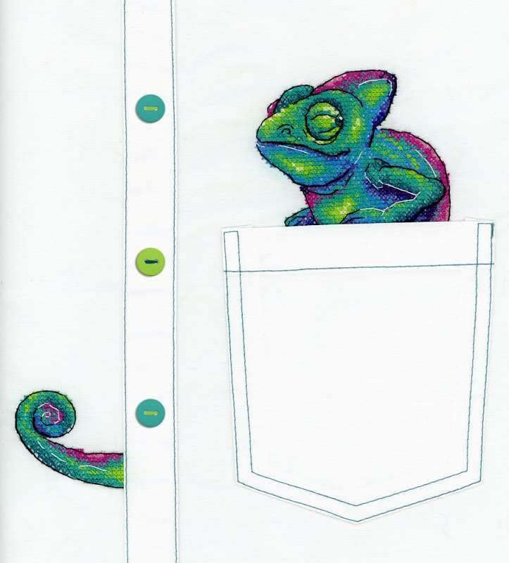 Curious Chameleon SV-253 Cross-stitch kit featuring water-soluble canvas, colorful threads, and a needle for crafting.