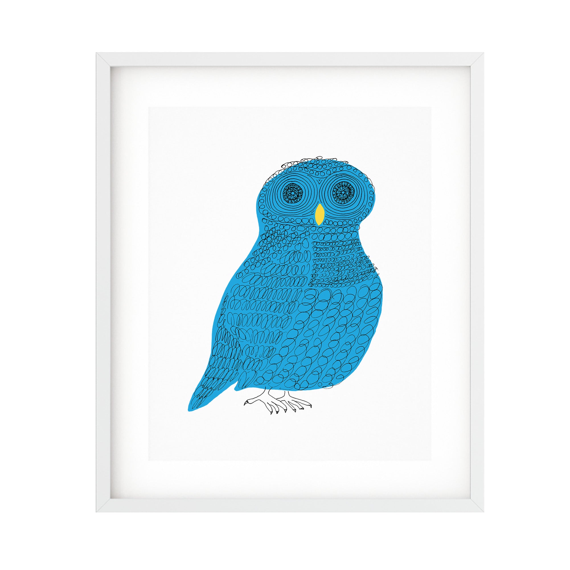 Curly Owl print featuring a playful blue owl with curls and coils, beautifully illustrated and ready for framing.