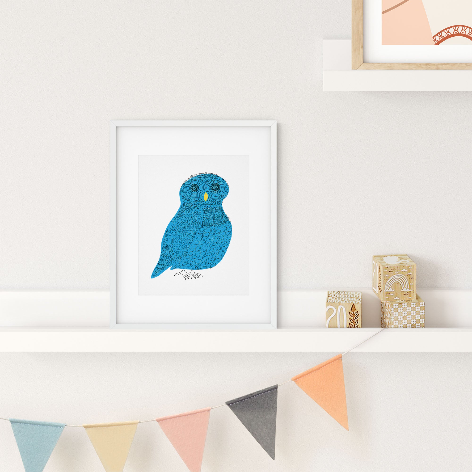 Curly Owl print featuring a playful blue owl with curls and coils, beautifully illustrated and ready for framing.