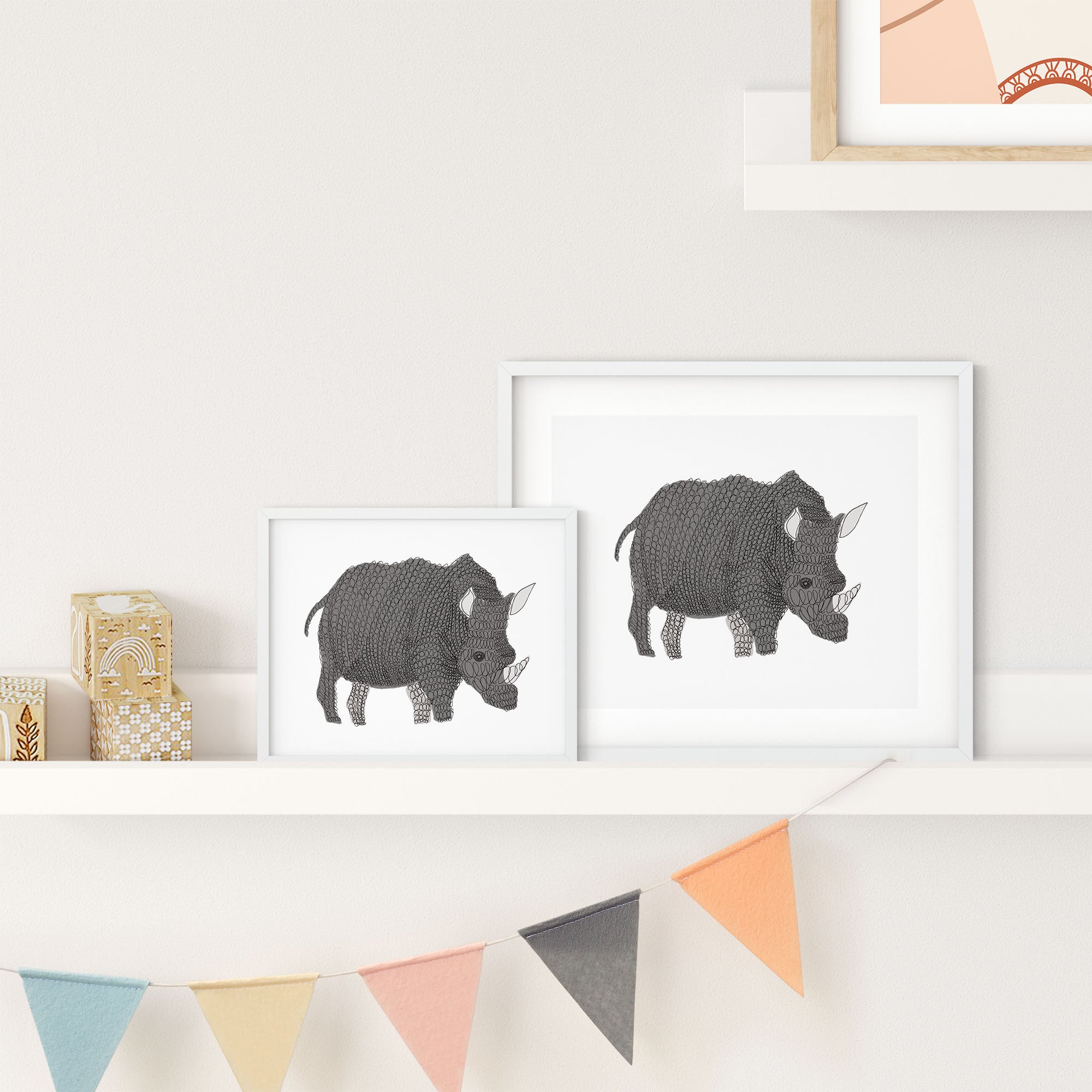 Curly Rhino print featuring a playful grey rhinoceros with curls and coils, vibrant colors, and high-quality ink drawing.