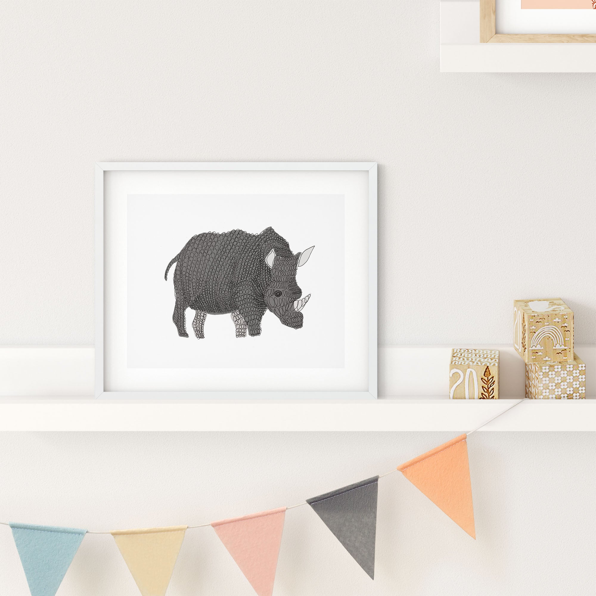 Curly Rhino print featuring a playful grey rhinoceros with curls and coils, vibrant colors, and high-quality ink drawing.