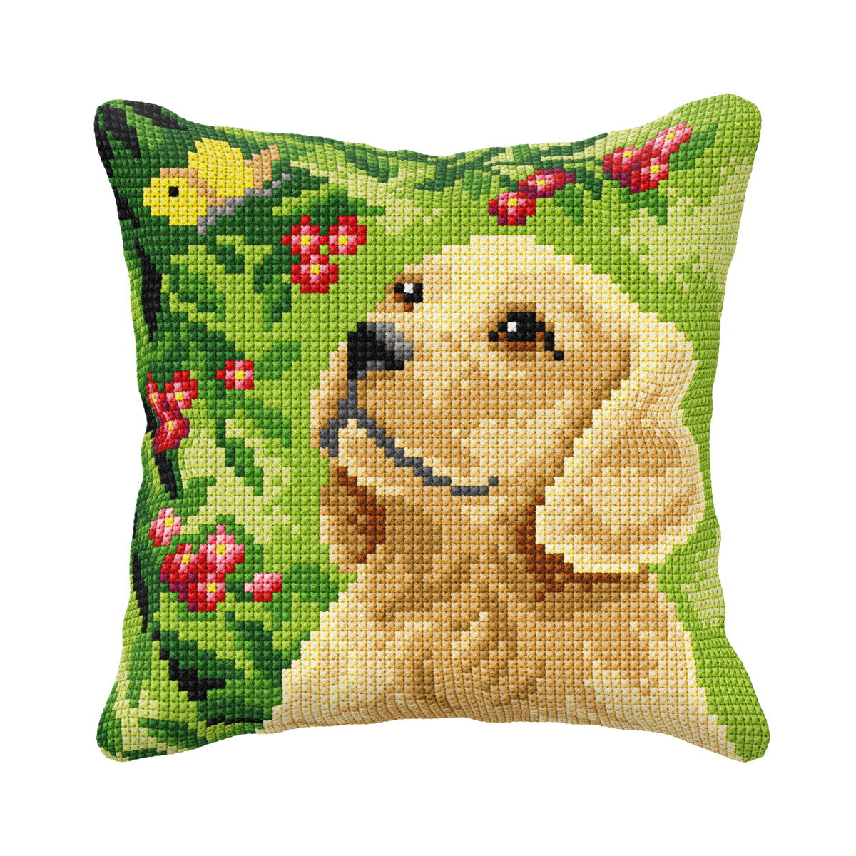 Cushion cross stitch kit featuring a dog design, including printed canvas, yarn, needle, and instructions.