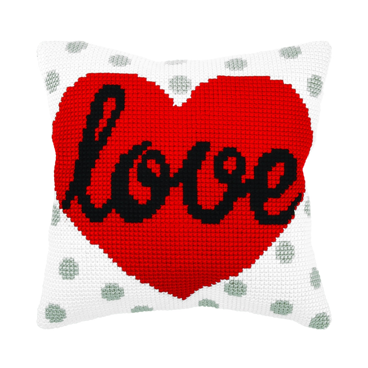 Cushion cross stitch kit 'Heart' 9355 featuring printed Zweigart canvas, acrylic yarn, and included needle and instructions.