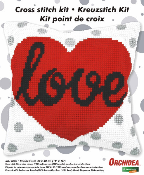 Cushion cross stitch kit 'Heart' 9355 featuring printed Zweigart canvas, acrylic yarn, and included needle and instructions.