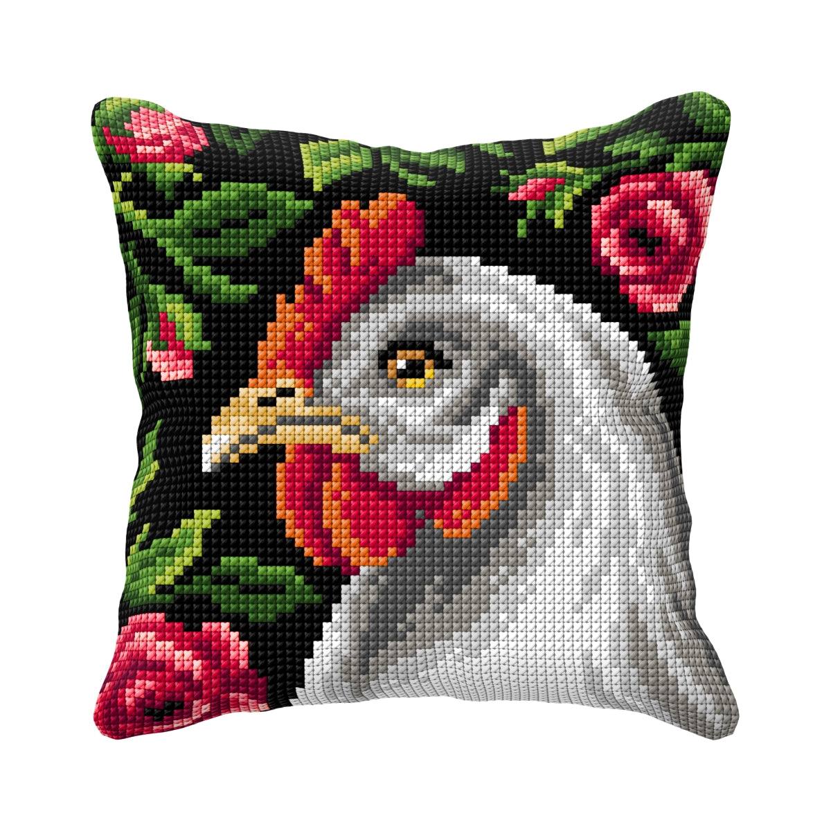 Cushion cross stitch kit featuring a hen design, including printed canvas, acrylic yarn, needle, and instructions.