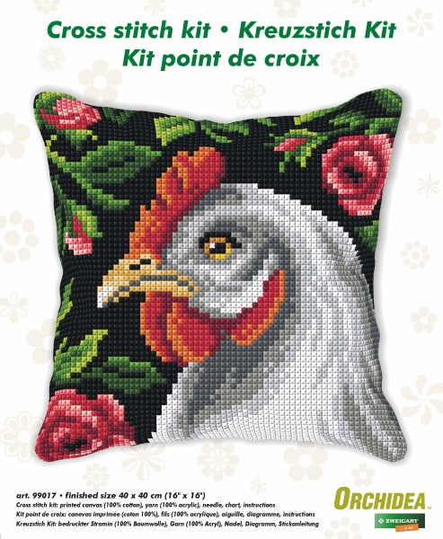 Cushion cross stitch kit featuring a hen design, including printed canvas, acrylic yarn, needle, and instructions.