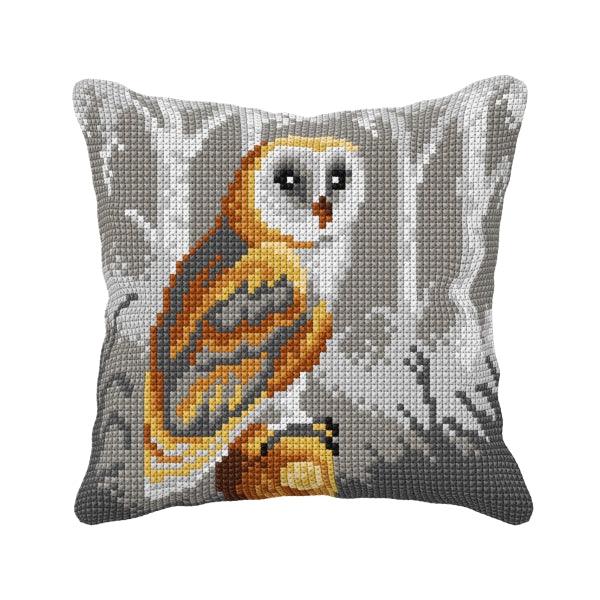 Cushion cross stitch kit featuring an owl design, includes printed canvas, yarn, needle, and instructions.