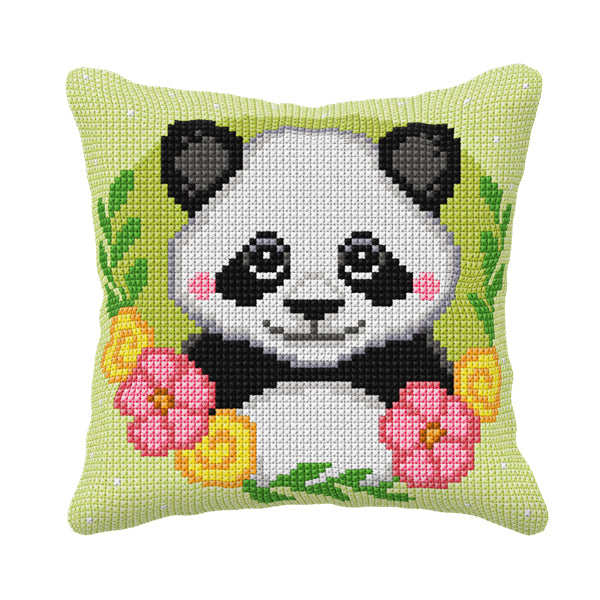 Cushion cross stitch kit featuring a panda design, including printed canvas, acrylic yarn, needle, and instructions.