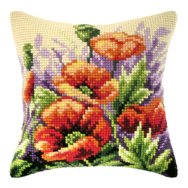 Cushion cross stitch kit featuring poppies on a meadow, including printed canvas, yarn, needle, and instructions.