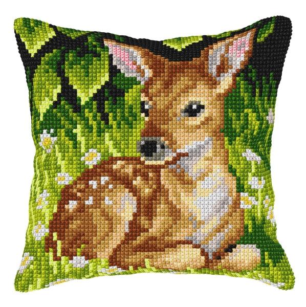 Cushion cross stitch kit featuring Roe Deer design with printed canvas and colorful yarn.