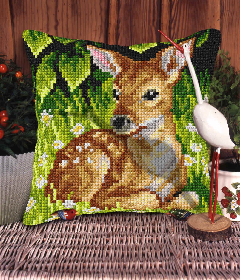 Cushion cross stitch kit featuring Roe Deer design with printed canvas and colorful yarn.