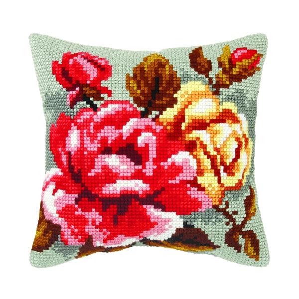 Cushion cross stitch kit featuring roses on a grey background, includes printed canvas, acrylic yarn, needle, and instructions.