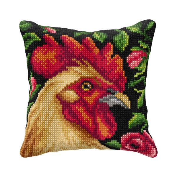 Cushion cross stitch kit featuring a colorful rooster design on printed Zweigart canvas with acrylic yarn and needle.