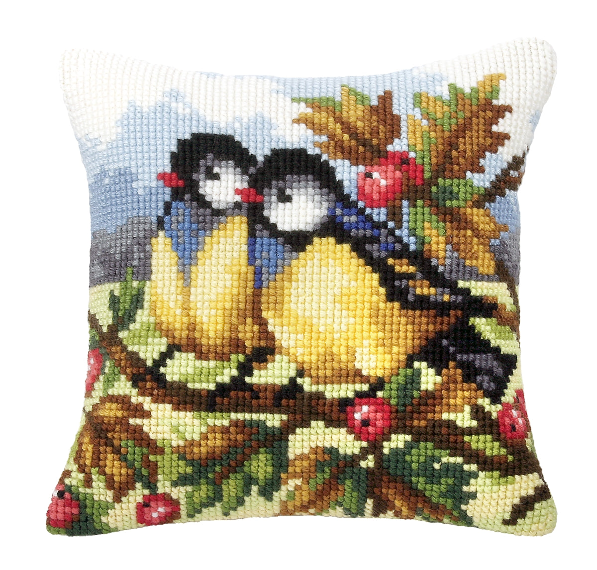 Cushion cross stitch kit featuring two titmice design on printed Zweigart canvas with colorful acrylic yarn.