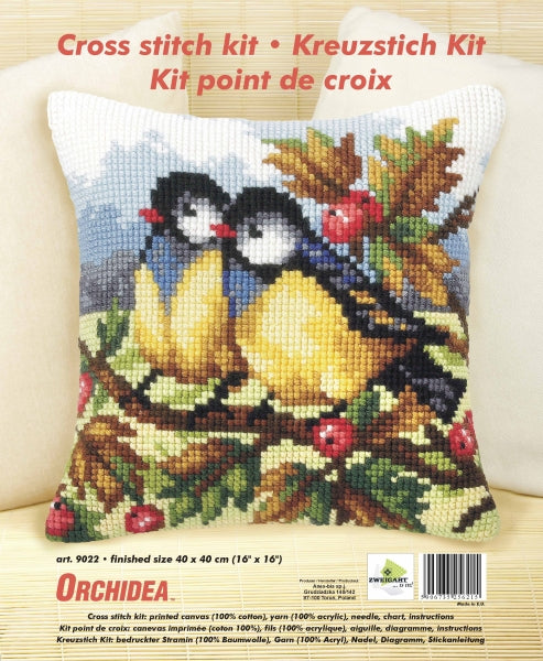 Cushion cross stitch kit featuring two titmice design on printed Zweigart canvas with colorful acrylic yarn.