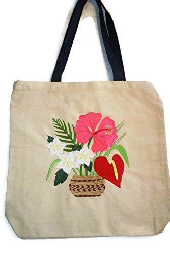 Custom 22" Embroidered Aloha Bouquet HeavyDuty Canvas Tote Bag with contrasting handles, showcasing vibrant floral embroidery.