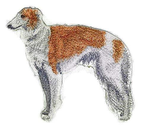 Custom Borzoi embroidery patch featuring a detailed design of a Russian Wolfhound, suitable for iron-on or sew-on application.