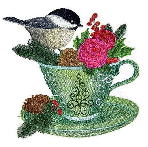 Custom embroidered patch featuring a chickadee and Christmas tea design, ideal for sewing or ironing onto garments.