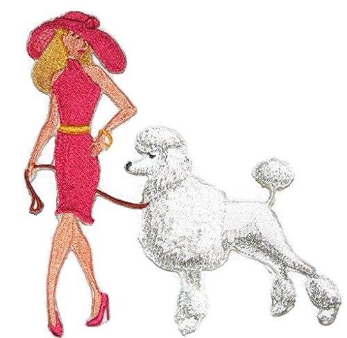 Custom embroidered patch featuring a fashionable poodle design, ideal for iron-on or sew-on application on garments.