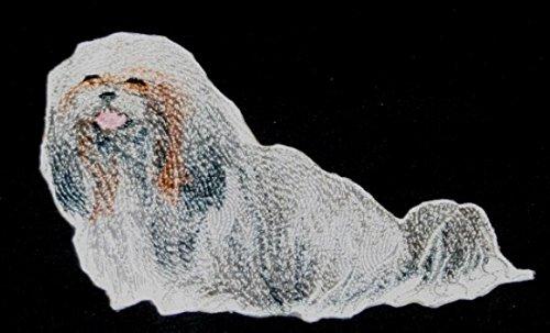 Custom Lhasa Apso dog portrait embroidery patch, showcasing vibrant colors and intricate stitching on a cotton base.