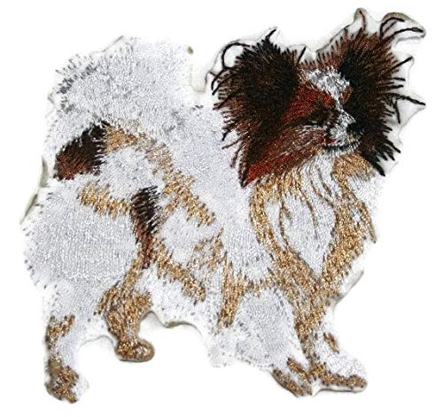 Custom Papillon dog embroidery patch, 4.5 inches, featuring vibrant colors and intricate details, suitable for iron-on or sew-on application.