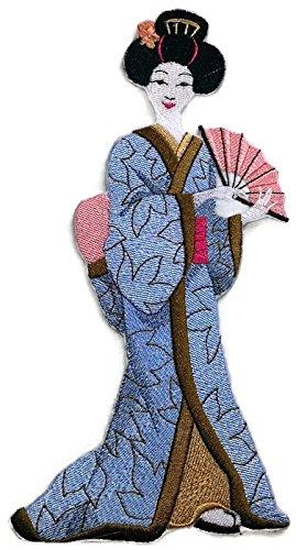 Custom Geisha embroidered patch featuring a Geisha with a fan, designed for iron-on or sew-on application, measuring 6.31" x 6.25".