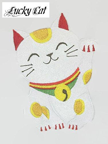 Custom Lucky Cat embroidered patch on a garment, showcasing vibrant colors and intricate design.