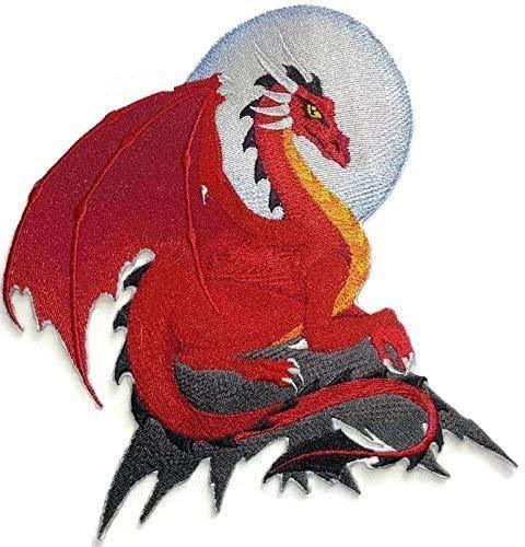 Custom Medieval Red Dragon Embroidery Patch featuring vibrant red colors and intricate designs, ideal for iron-on or sew-on applications.