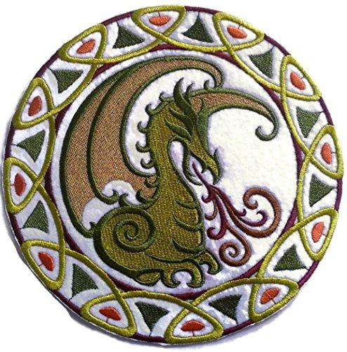 Custom Mythical Celtic Dragon Circle Embroidery Iron On patch featuring intricate design and vibrant colors on a cotton base.