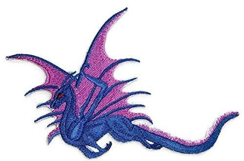 Custom Purple Flying Dragon Embroidered Patch, featuring intricate embroidery on a cotton base, measuring 6.5 by 5.5 inches.