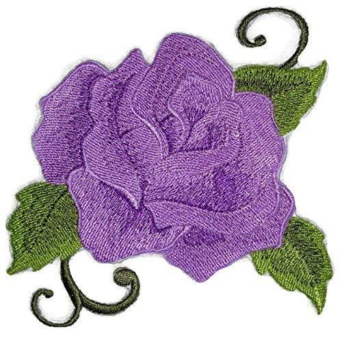 Custom purple single rose embroidered patch, measuring 5 inches by 4 inches, showcasing intricate embroidery on a cotton base.